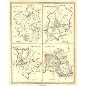 Dudley Kidderminster Evesham Bewdley Worcestershire antique map 1835