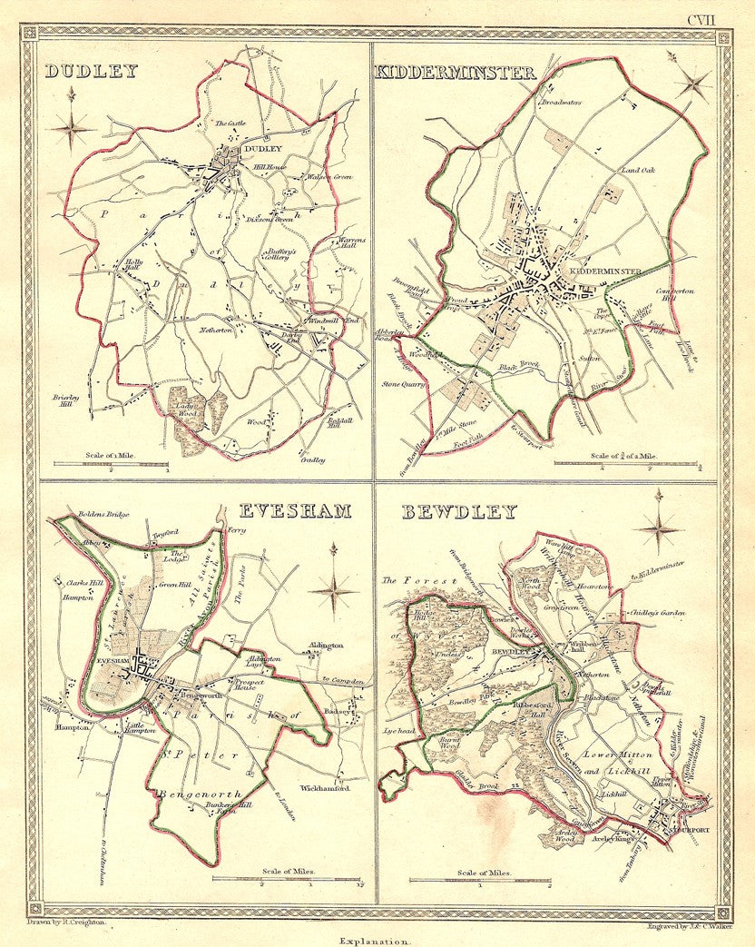 Dudley Kidderminster Evesham Bewdley Worcestershire antique map 1835