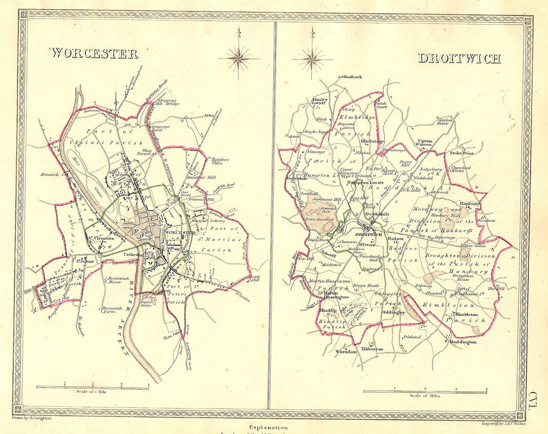 Worcester Droitwich Worcestershire parliamentary boundaries antique map 1835