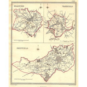 Bradford Wakefield Sheffield Yorkshire parliamentary boundaries antique map