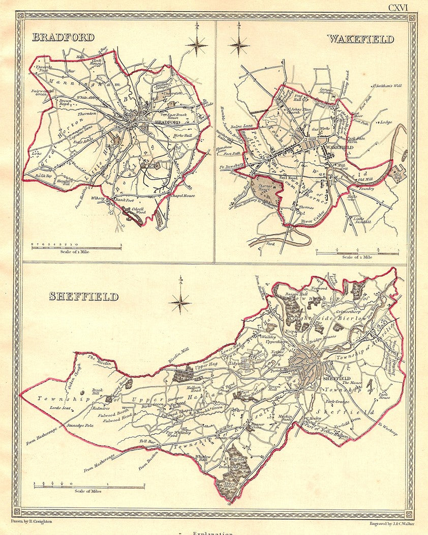 Bradford Wakefield Sheffield Yorkshire parliamentary boundaries antique map