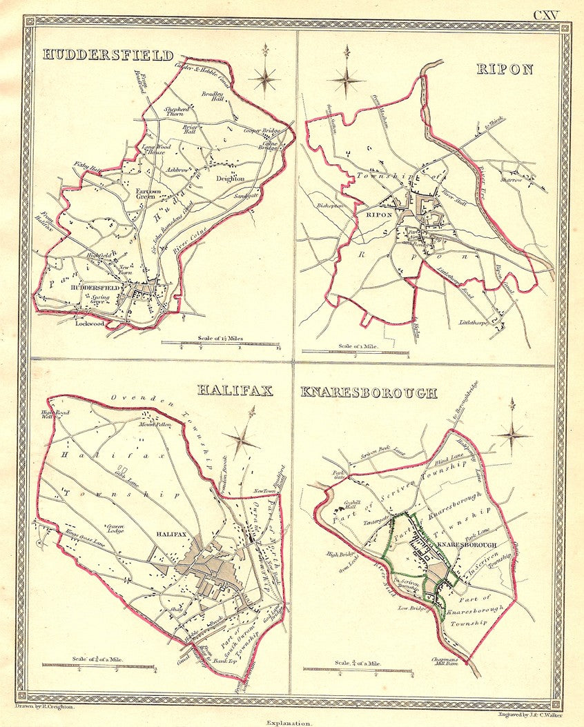 Huddersfield, Ripon, Halifax, Knaresborough Yorkshire antique map 1835