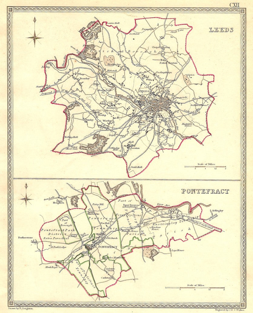 Leeds Pontefract Yorkshire parliamentary boundaries antique map 1835