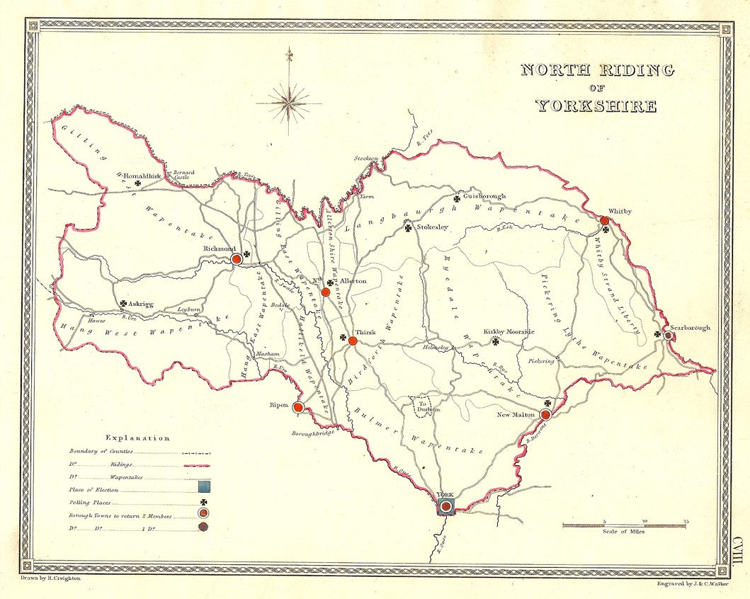 North Riding Yorkshire parliamentary boundaries antique map 1835