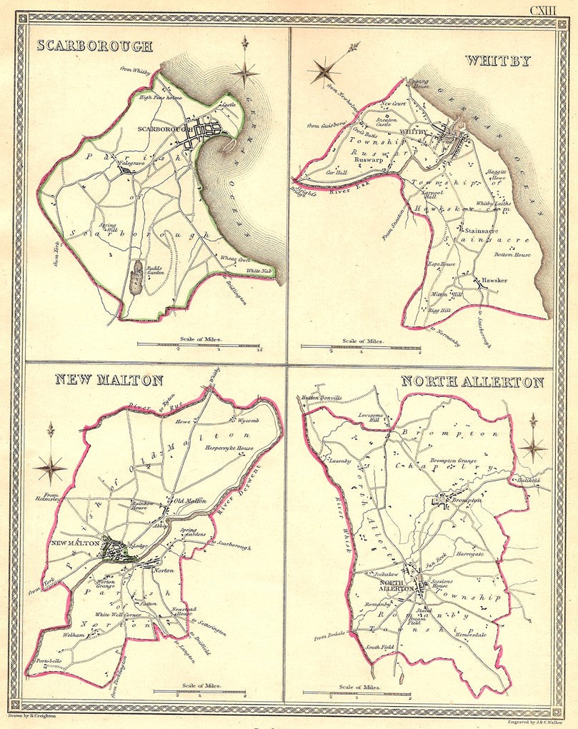 Scarborough Whitby New Malton Northallerton antique map 1835