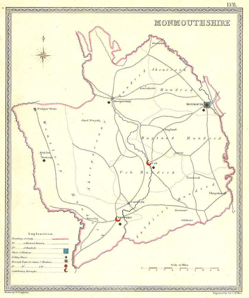 Monmouthshire parliamentary boundaries antique map published 1835