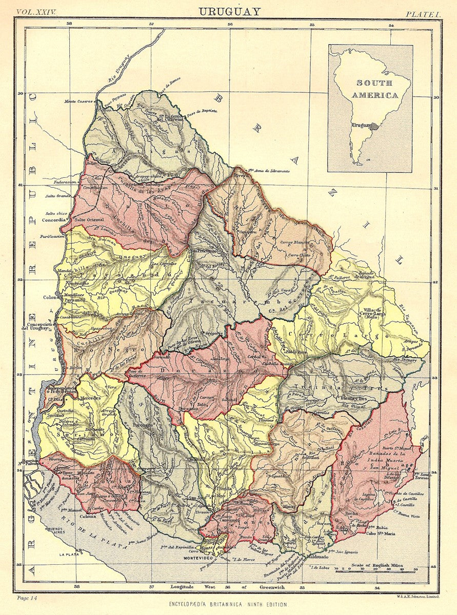 Uruguay antique map from Encyclopaedia Britannica c.1889