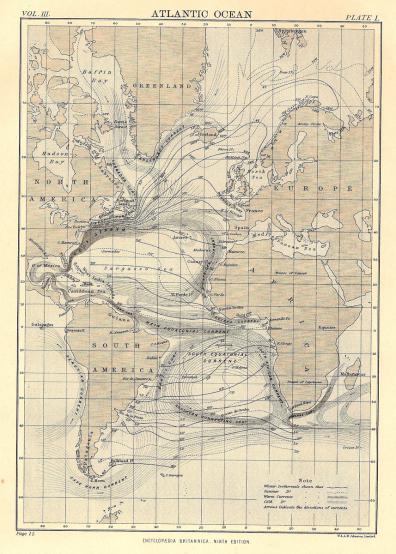 Atlantic Ocean antique map from Encyclopaedia Britannica 1889