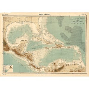 West Indies Chart of Sea Depths & Land Elevations from Encyclopaedia Britannica 1889