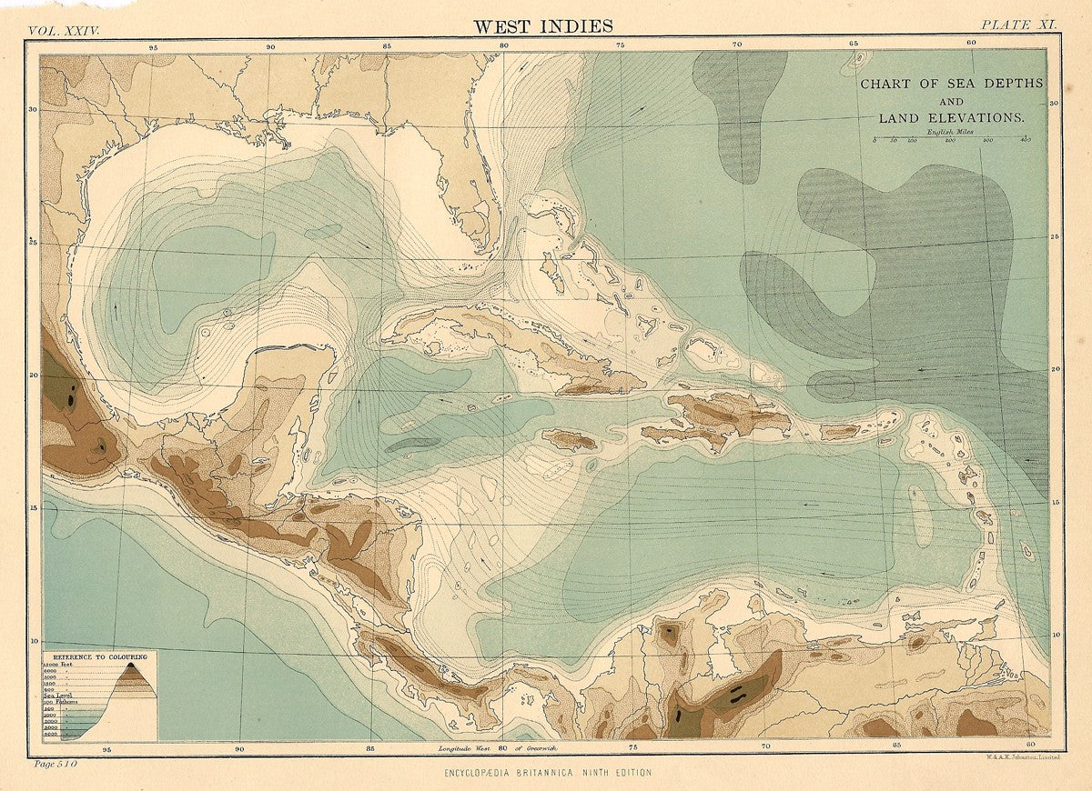 West Indies Chart of Sea Depths & Land Elevations from Encyclopaedia Britannica 1889