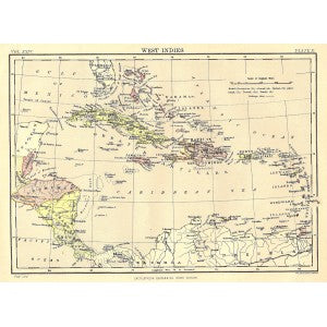 West Indies antique map from Encyclopaedia Britannica 1889