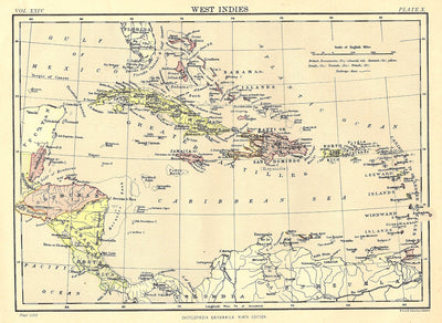 West Indies antique map from Encyclopaedia Britannica 1889