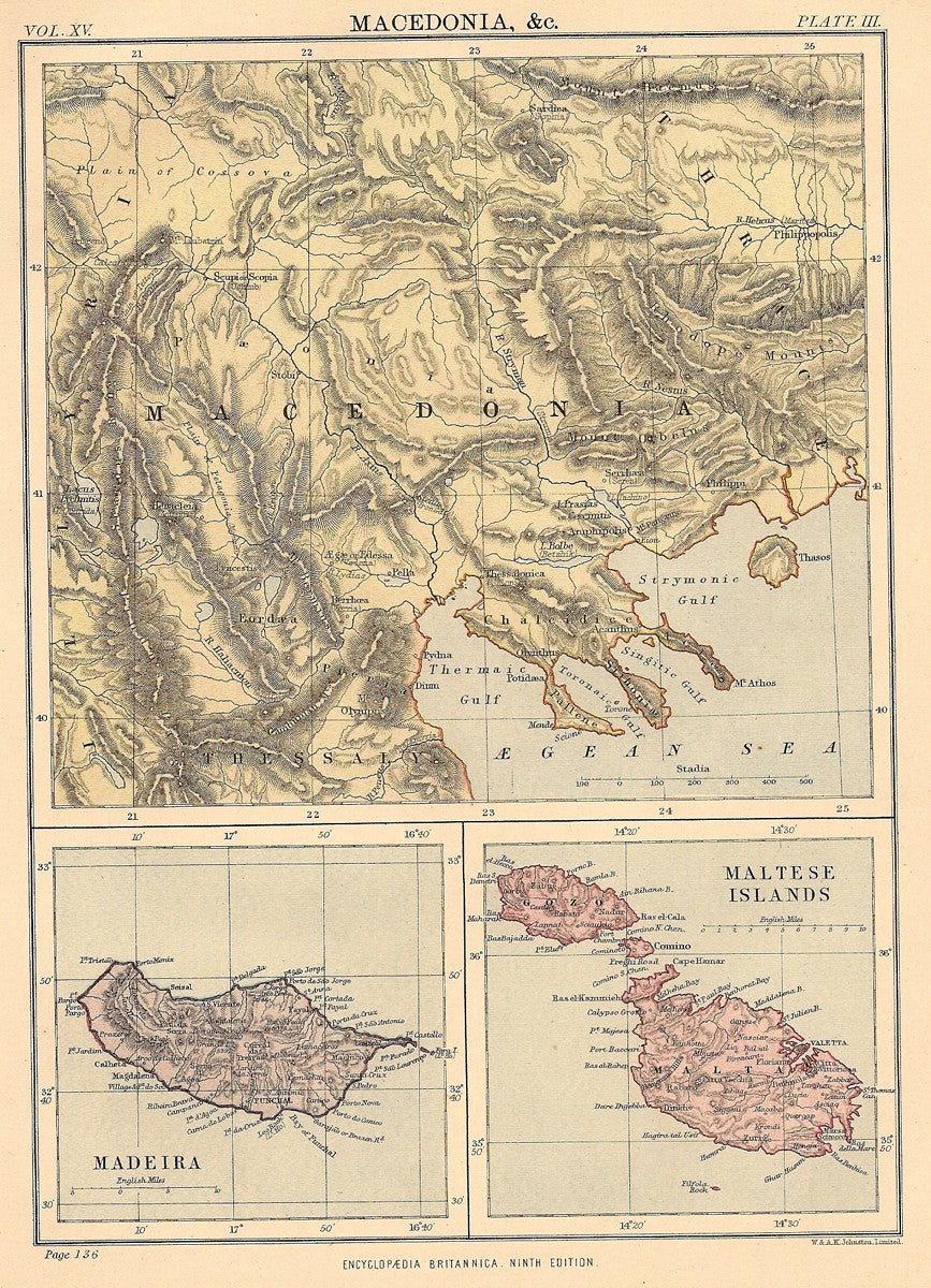 Macedonia Madeira and Malta antique map from Encyclopaedia Britannica 1889