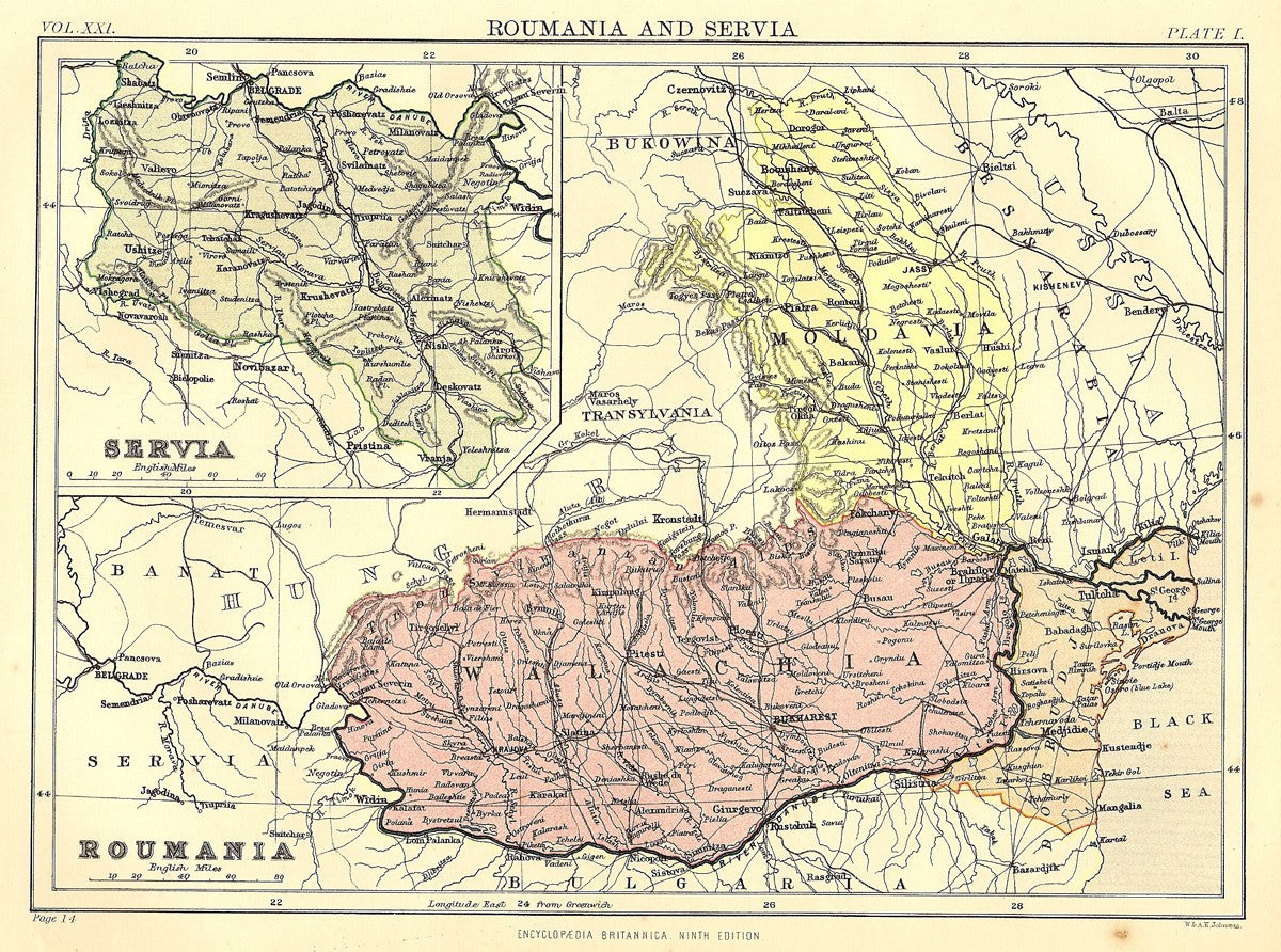 Roumania Servia Serbia antique map from Encyclopaedia Britannica c1889 ...