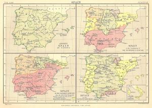 Spain across four centuries antique map from Encyclopaedia Britannica 1889