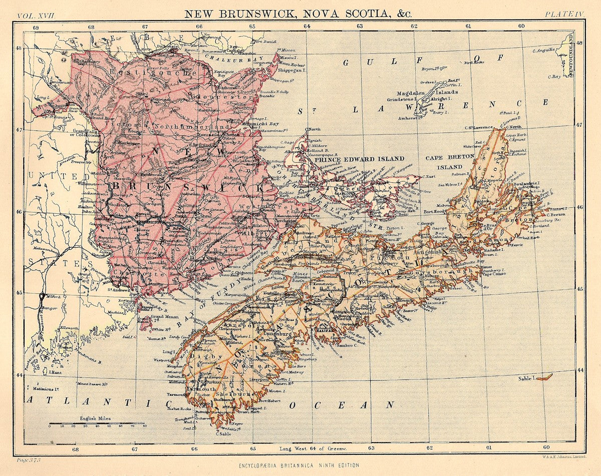 New Brunswick Nova Scotia antique map from Encyclopaedia Britannica 1889