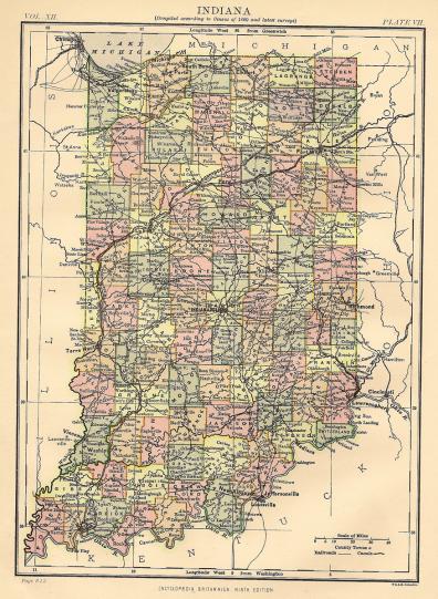 Indiana antique map from Encyclopaedia Britannica 1889
