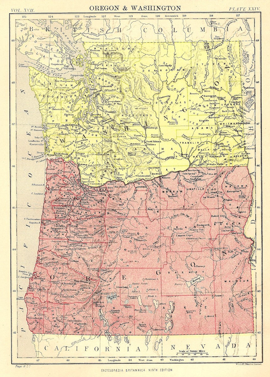 Oregon and Washington State antique map from Encyclopaedia Britannica 1889