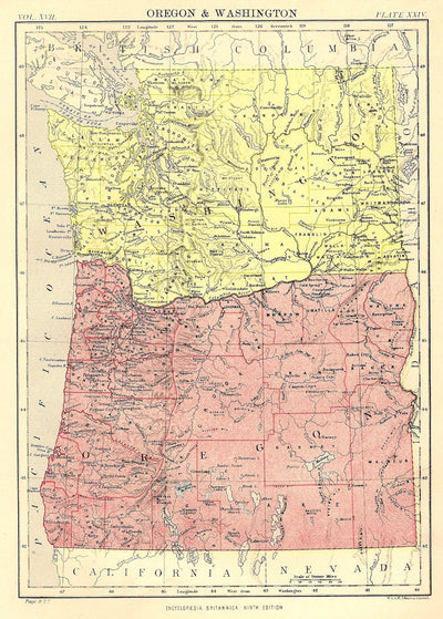 Oregon and Washington State antique map from Encyclopaedia Britannica c.1889