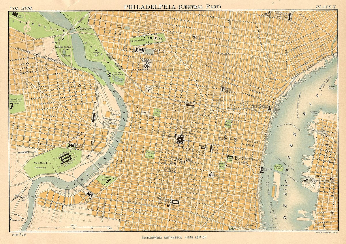 Philadelphia antique map from Encyclopaedia Britannica 1889