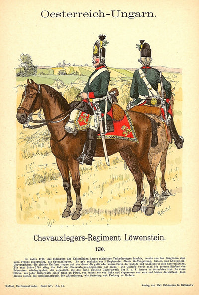 Austro-Hungarian Lowenstein cavalry 1770 antique print published 1908