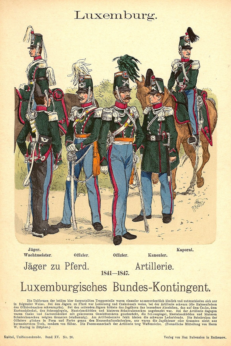 Luxembourg horse artillery uniforms antique print