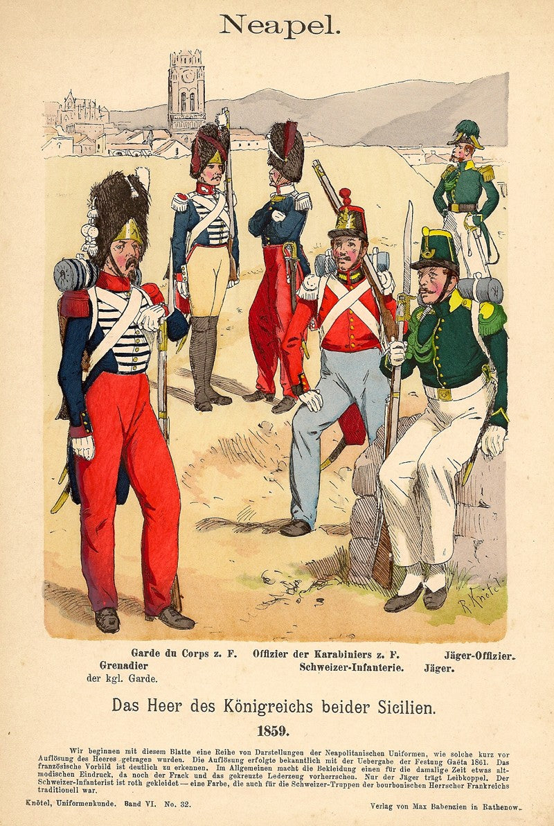 Naples infantry uniforms in 1859 antique print published 1895