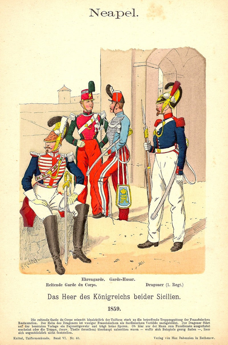 Naples cavalry uniforms in 1859 antique print published 1895