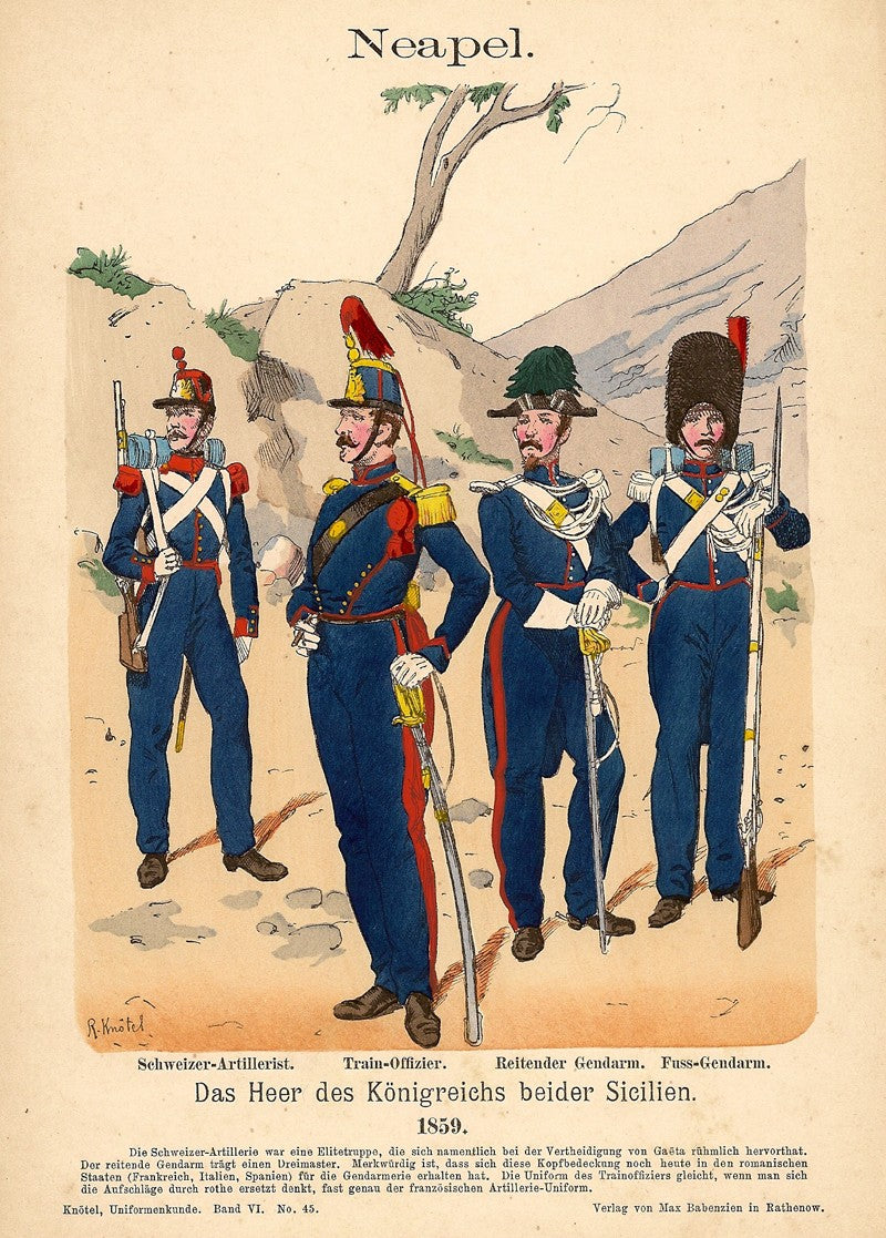 Naples King of Sicily's army uniforms in 1859 antique print published 1895