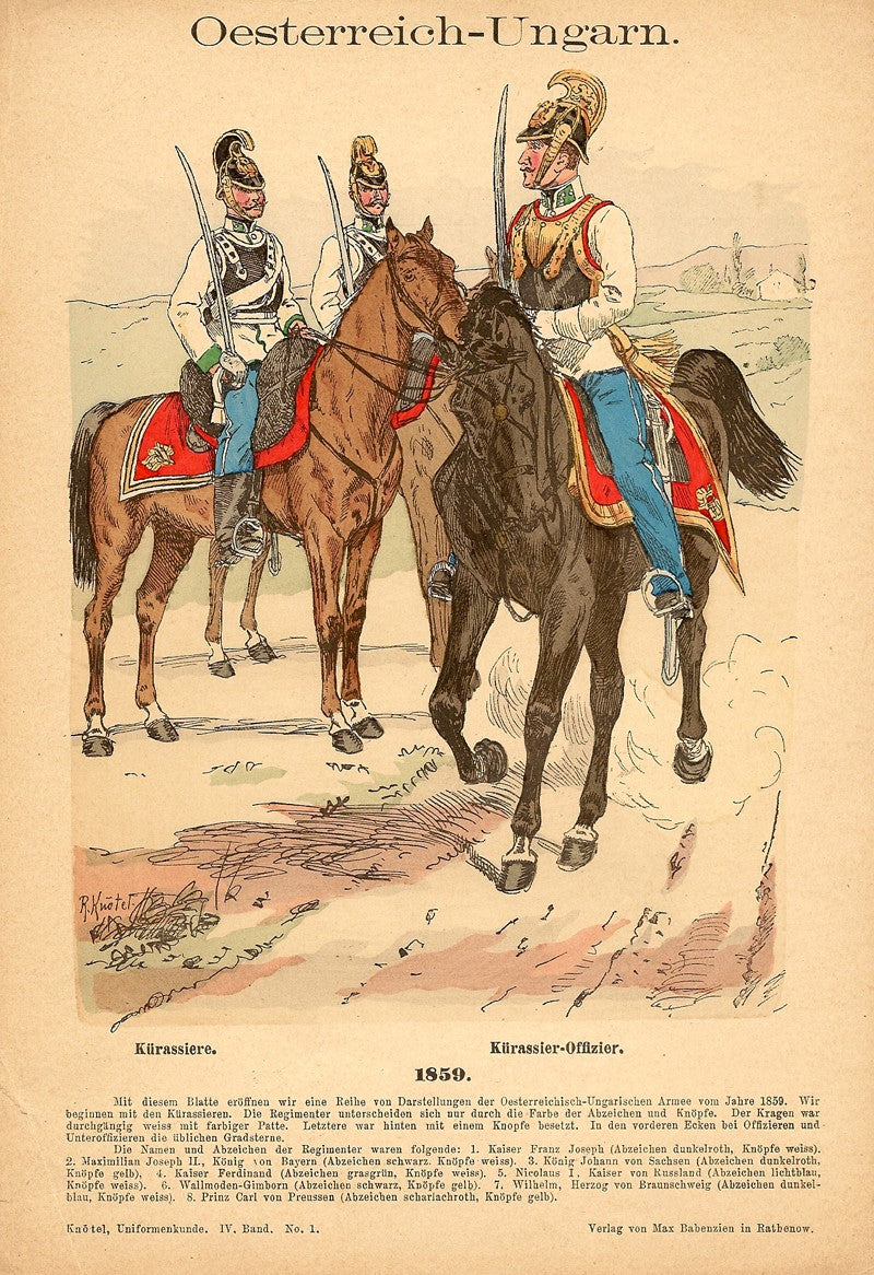 Austro-Hungarian cuirassiers antique print 1893
