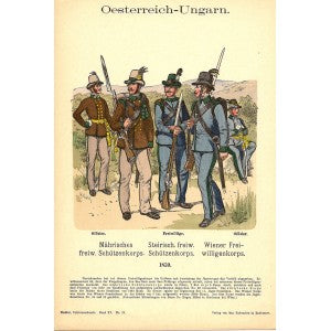 Austro-Hungarian military uniforms 1859 antique print published 1908