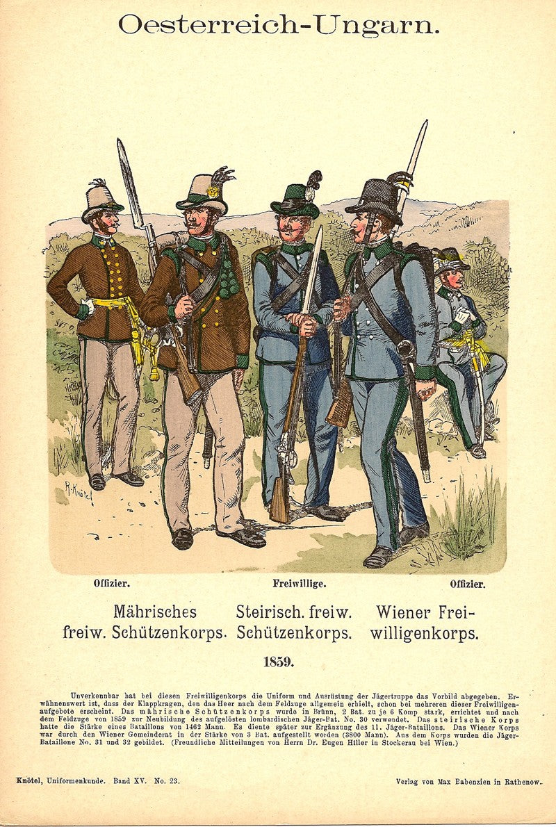 Austro-Hungarian military uniforms 1859 antique print published 1908