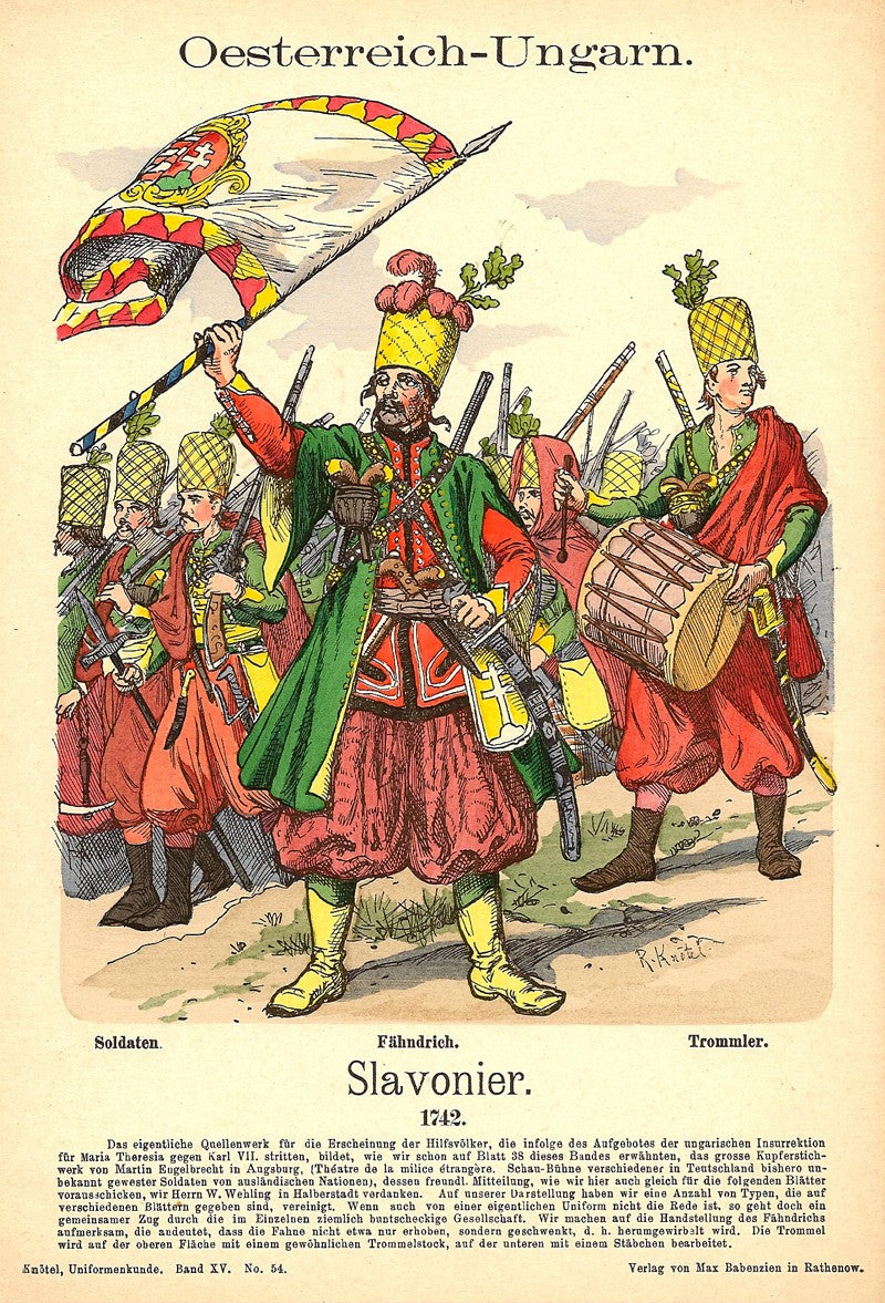 Austro-Hungarian Slavonian soldiers 1742 antique print published 1908