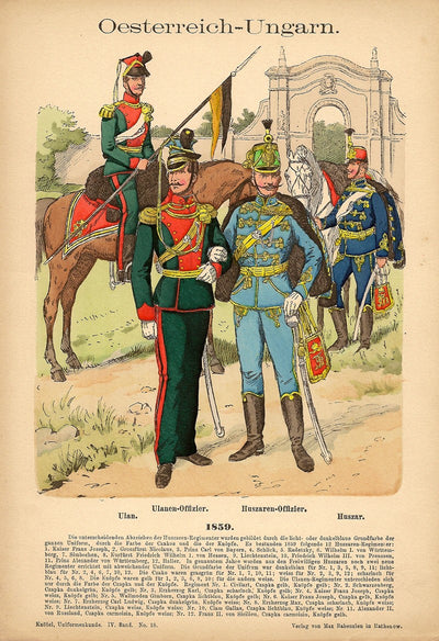 Austro-Hungarian Uhlans and Hussars original antique print 1893