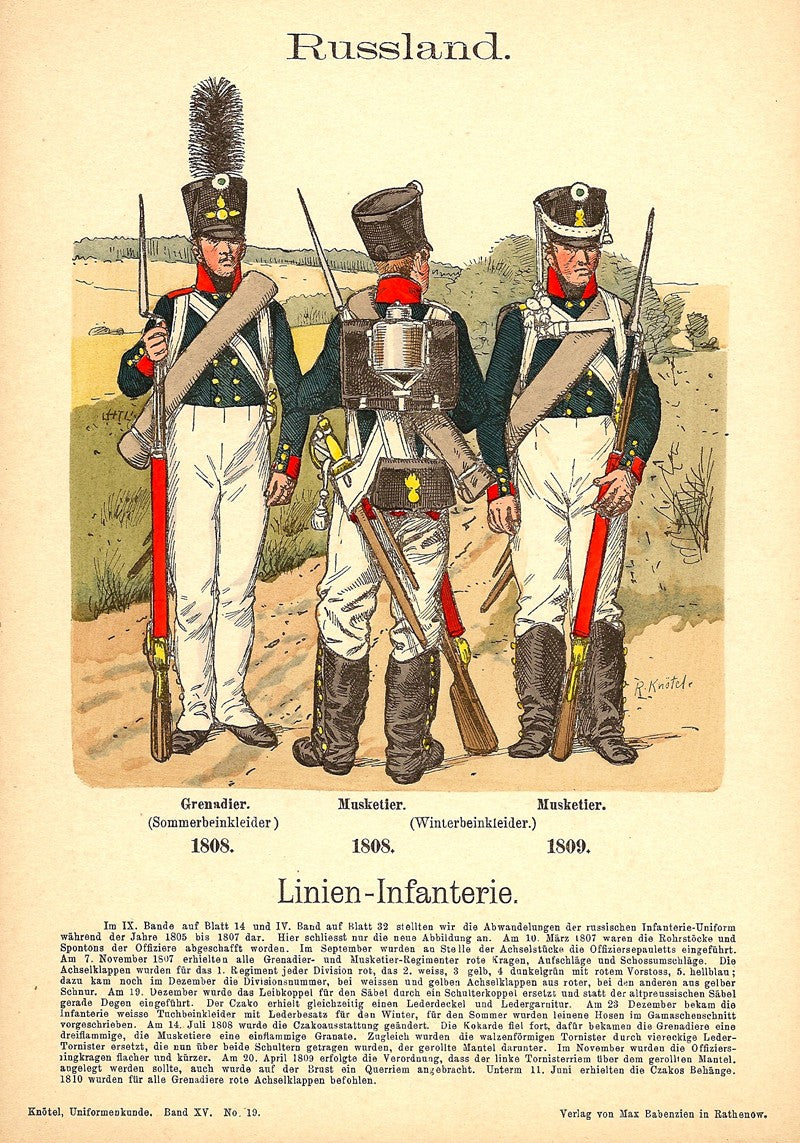 Russian Line infantry of 1808-1809 antique print published 1908