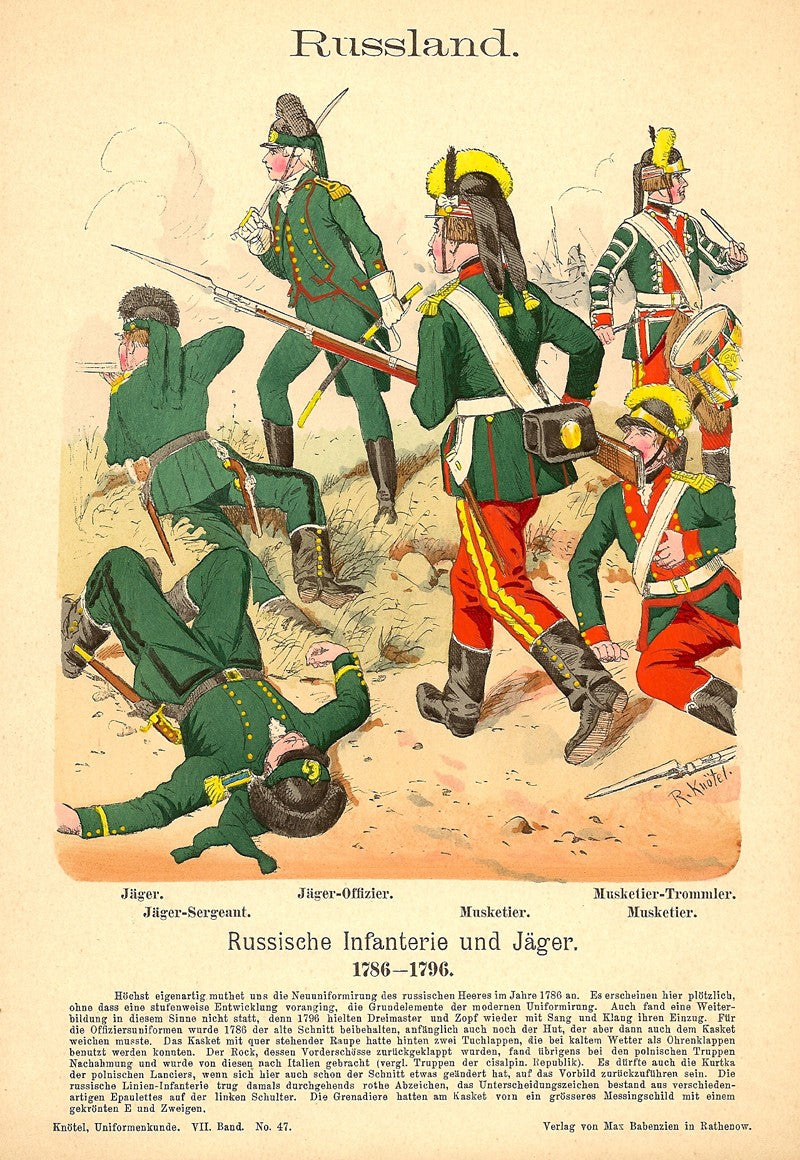 Russian infantry of 1786-1796 antique print published 1896