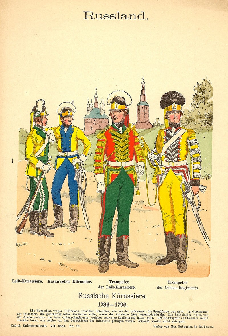Russian Kurassiere Cavalry of 1786-1796 antique print published 1896