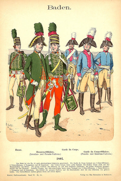 Baden Military uniforms 1802 antique print published 1895