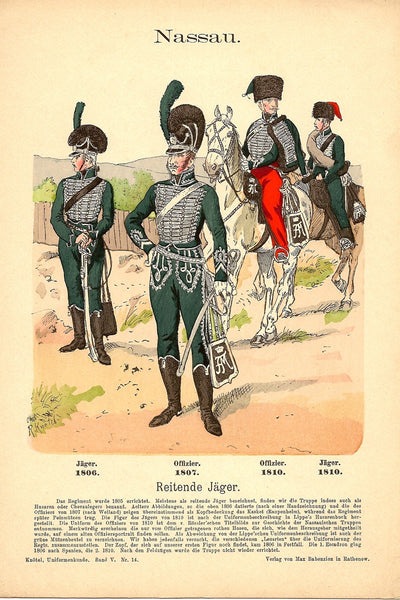 Nassau Hussars in Napoleonic War uniforms antique print published 1894