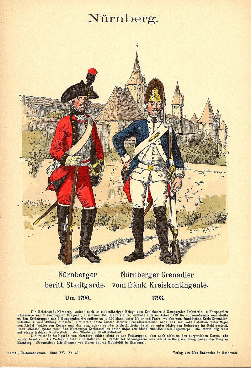 Nuremberg Grenadiers in 1790s uniforms antique print 1908