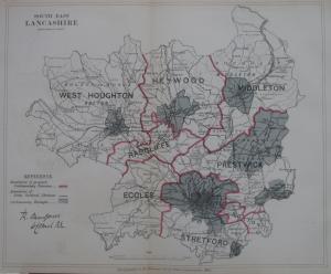 Lancashire antique map of South East Lancashire 1888