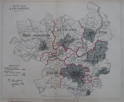 Lancashire antique map of South East Lancashire 1888