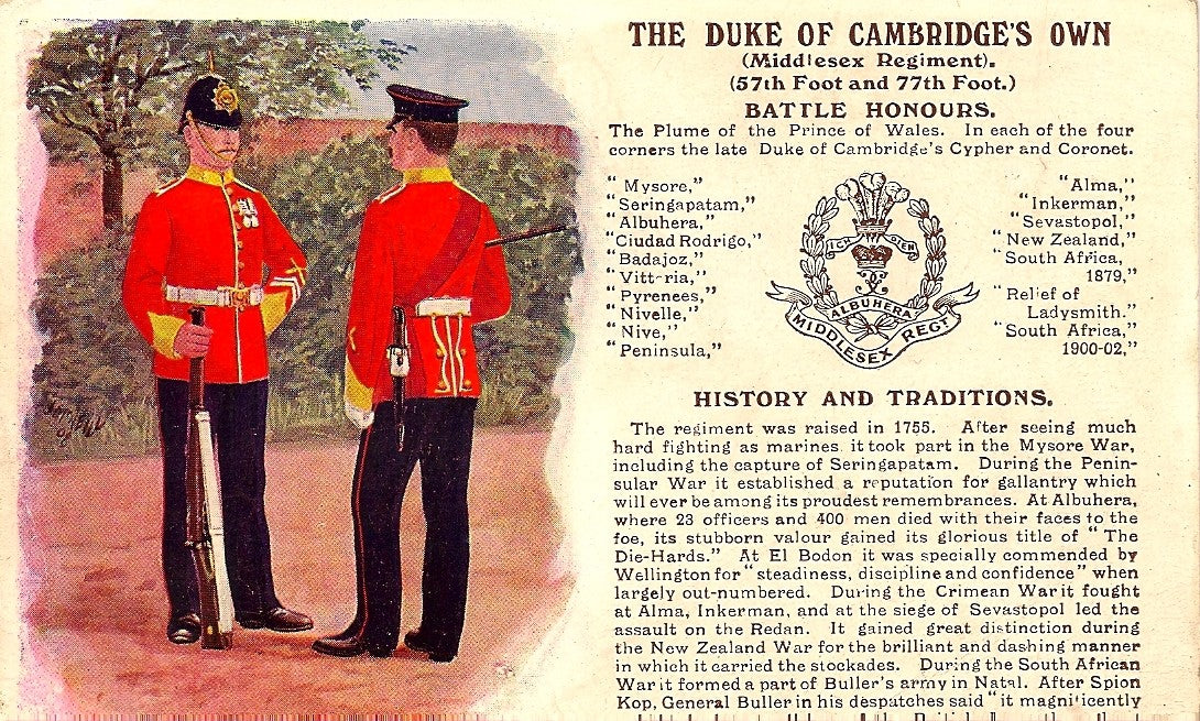Middlesex Regiment British Army antique postcard 1913