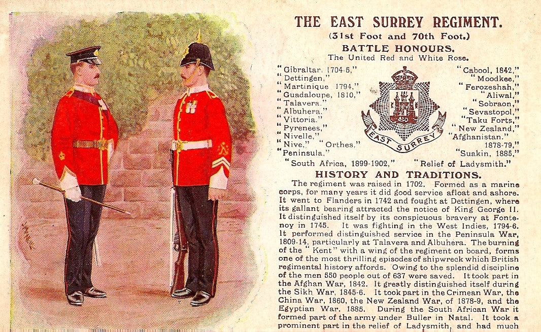 East Surrey Regiment British Army antique postcard 1913