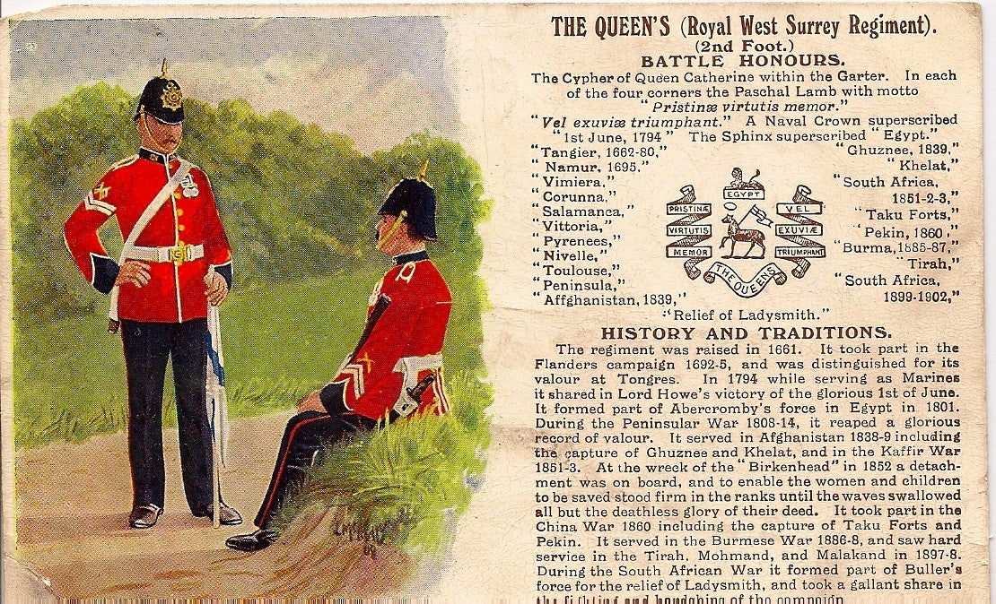 Queen's Royal West Surrey Regiment British Army antique postcard 1913
