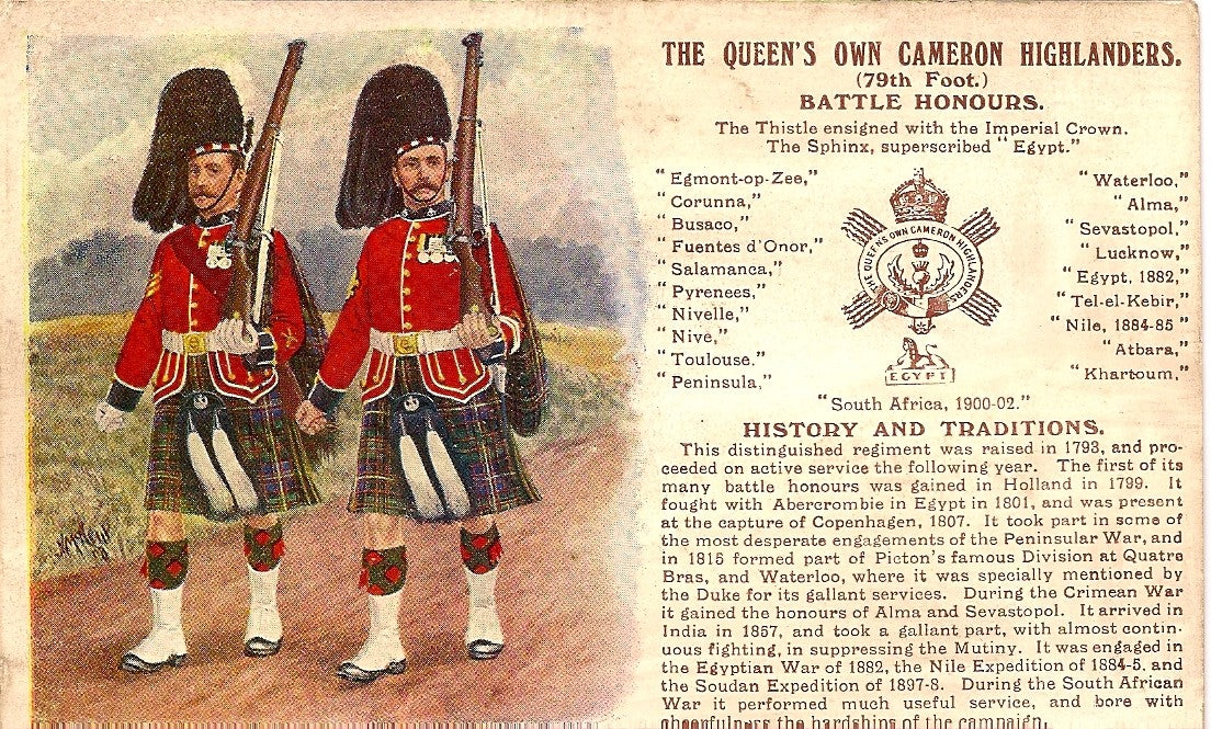 Cameron Highlanders British Army antique postcard 1913