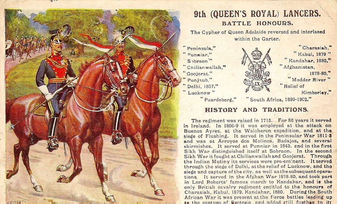 Lancers 9th (Queen's Royal) Lancers British Army antique postcard 1913