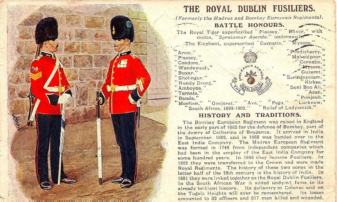 Royal Dublin Fusiliers British Army antique postcard 1913