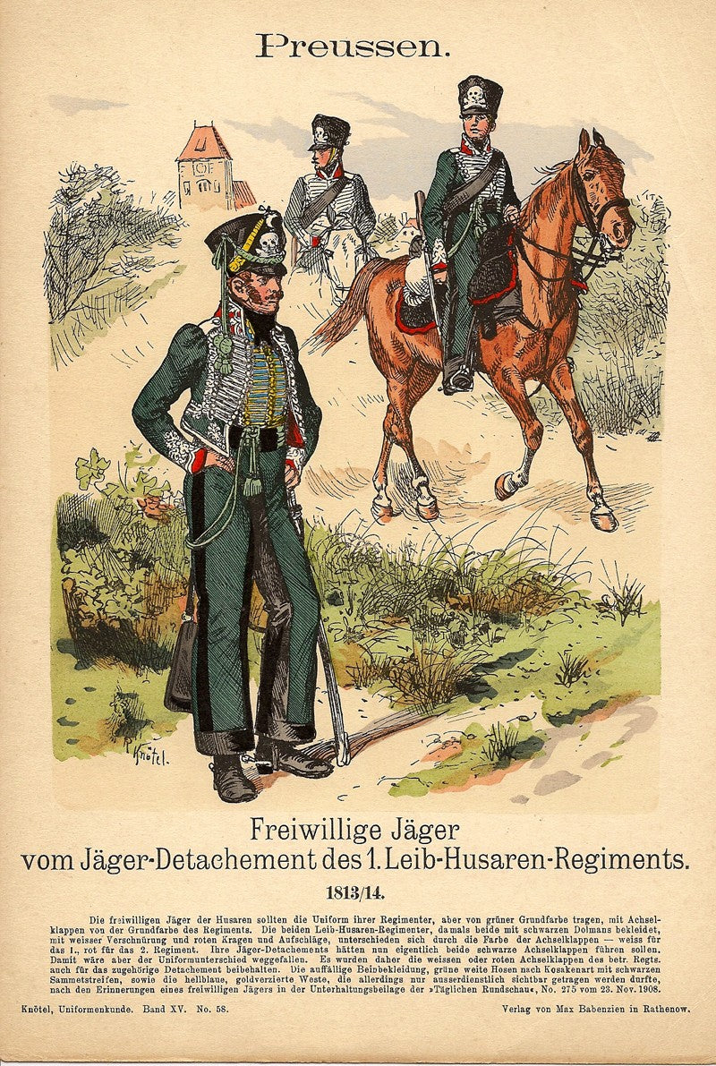Prussia volunteer hussars Preussen Freiwillge Jager antique print 1908