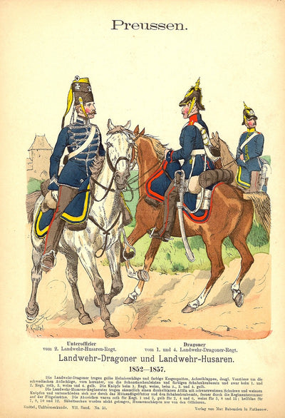 Prussian Dragoons and Hussars Richard Knotel antique print 1896